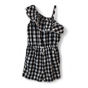 Wonder Nation Girls One-Shoulder Black & White Gingham Ruffle Romper XL 14-16